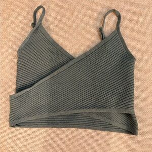 Aerie Ribbed Dark Green Sweater Wrap Crop Top